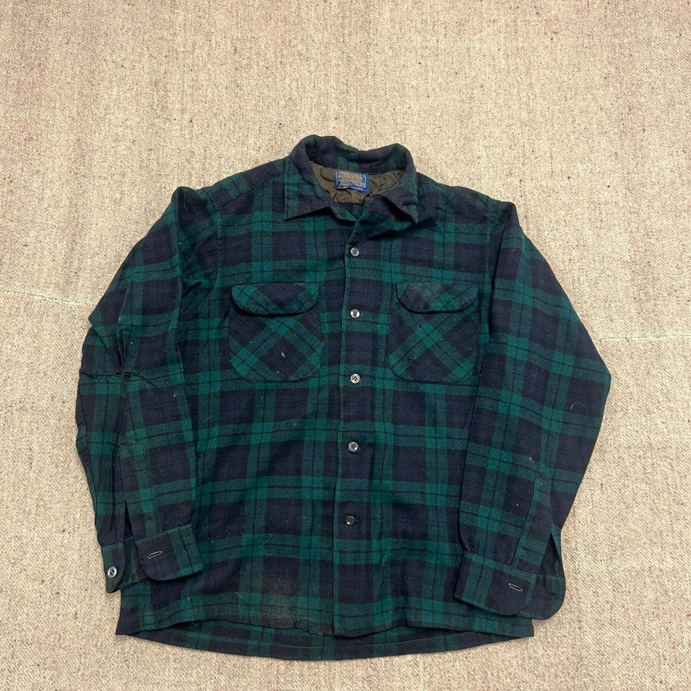 Vintage Pendleton Board Shirt Mens Medium Green 1960s USA Plaid Wool Loop Collar